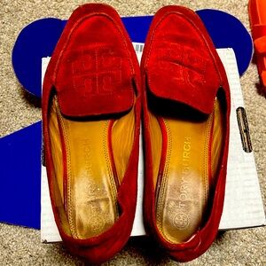 Tory Burch Red Suede Loafers, Size 10